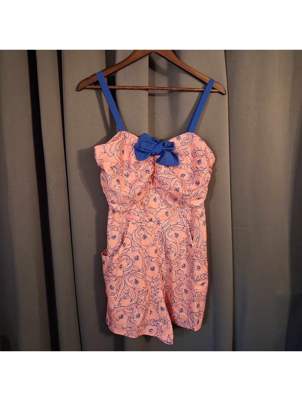 Pink and Blue Cartoon Print Romper with Bow Detail